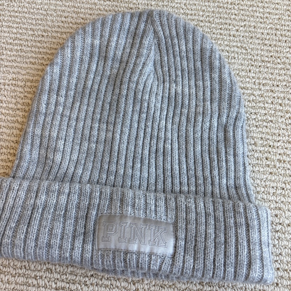 Victoria Secret Pink Beanie Hat Gray ribbed cute acrylic winter - Picture 3 of 7